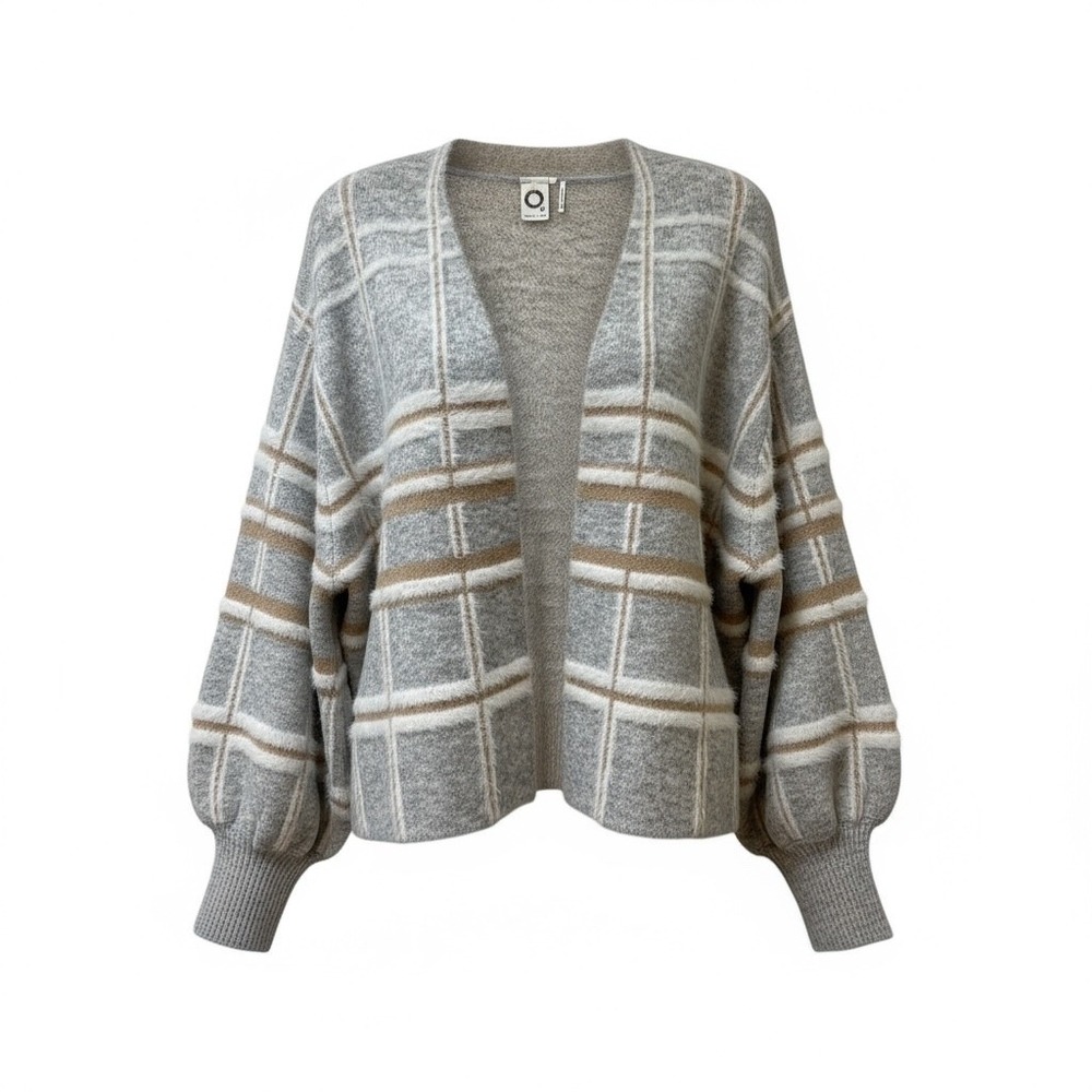 AKEMI KIN Plaid Balloon Sleeve Open Front Cardigan Sweater All Size